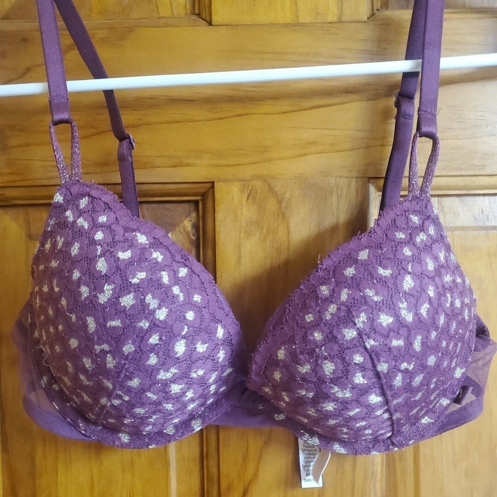 Victoria's Secret 34B‎ Push Up Bra Womens Purple Gold Metallic Leopard Lace Mesh